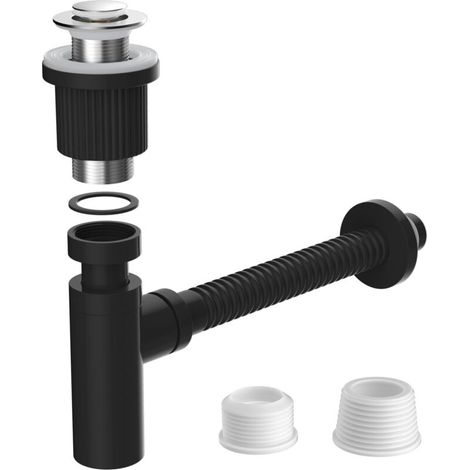 Siphon design avec valve pop-up : avec couvercle chromé, tube en acier inoxydable (304) réglable en hauteur et flexible pour lavabo avec trop-plein - Raccord universel G1 1/4" - Noir