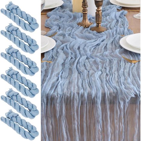 6er Set Tischläufer Gaze Stoff 90x300cm Staubiges Blau für Hochzeiten & Deko