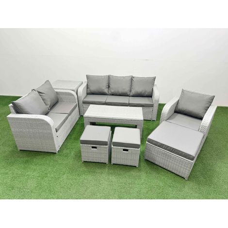 Fimous Patio PE Wicker 9 Seater Outdoor Rattan Furniture Sofa Sets with Oblong Coffee Table Reclining Chair Loveseat Sofa 3 Seater Sofa Stool Side Table Light Grey (1/4)