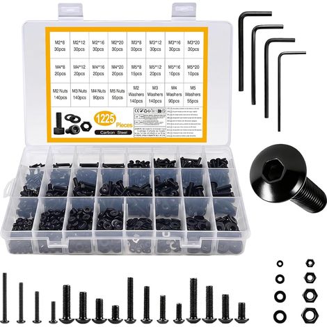 Lot de 1225 vis M2 M3 M4 M5, assortiment d'écrous et de boulons assortis, tête ronde, tête hexagonale, boulons et écrous, ensemble de vis mécaniques noires avec rondelles pour maison et voiture (1/5)