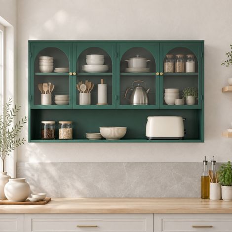 Armadio pensile in metallo con 4 ante in vetro, 120 x 23 x 70 cm, verde scuro, OKMYHOME (1/5)
