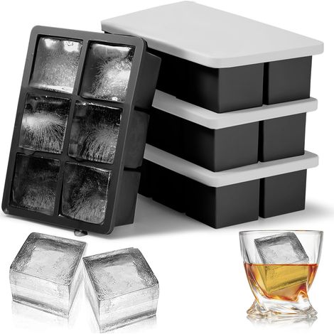 Bandejas grandes para cubitos de hielo con tapa, juego de 4, para hacer cubitos de hielo grandes y cuadrados para cócteles, de silicona, estilo vintage, color negro. (1/5)