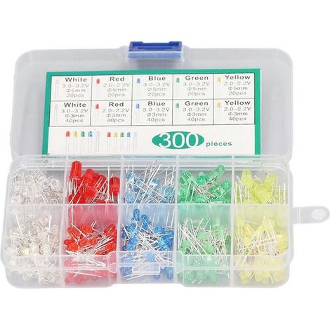Assortiment de 300 diodes électroluminescentes (DEL), 5 couleurs, 3 mm et 5 mm, résistant à la chaleur, pour circuits industriels. (1/4)