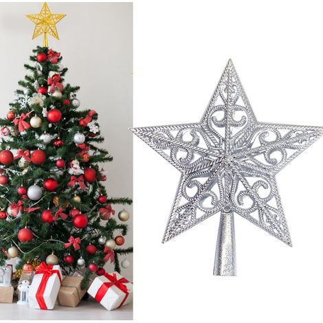 1 pièce Cime d'arbre de Noël, décoration d'arbre de Noël de 20 cm, décoration étoile à cinq branches, argent (1/4)