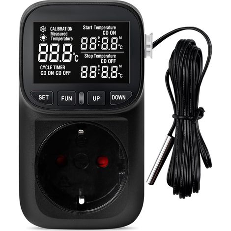 250-V-Temperaturregler, Steckdosenthermostat mit VA-Anzeige – Digitaler Thermostat-Steckdose mit Timer und Sonde, Temperaturschalter für Gewächshaus, Aquarium, Kühlschrank, Terrarium (1/5)