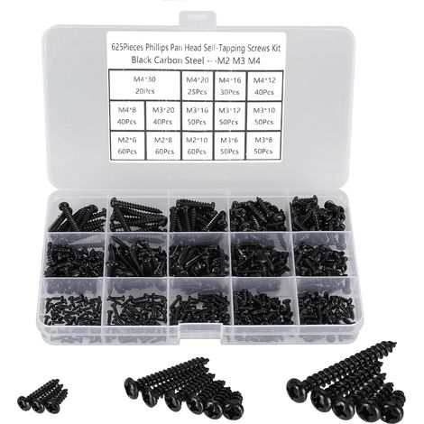 625 Pièces Vis Autotaraudeuses,M2 M3 M4 Vis à Tête Cylindrique,Phillips Noir Tête Ronde Vis à Bois,Acier Carbone Vis Autoforeuse pour équipement de Bureau Meubles en Bois Devoirs DIY. (1/5)