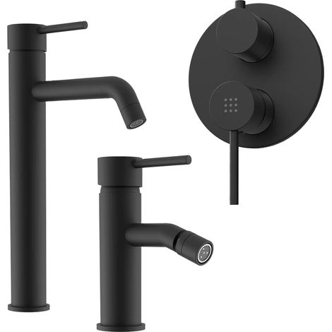 Ensemble mitigeur avec grand lavabo et bidet sans vidange et douche encastrée avec inverseur en laiton noir mat Mod. Ava