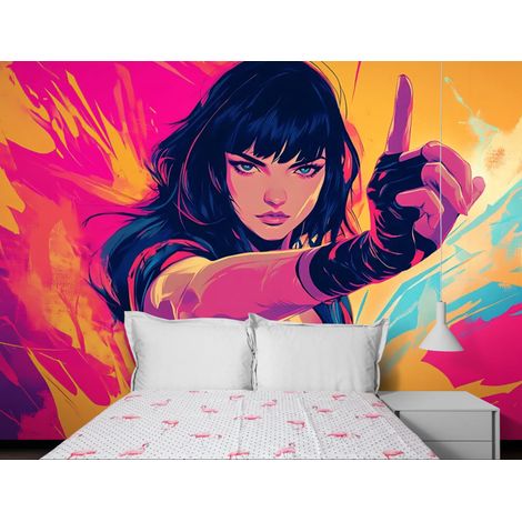 Papier Peint Gaming - Guerrière Néon Art Digital - 150 x 250 cm (1/2)