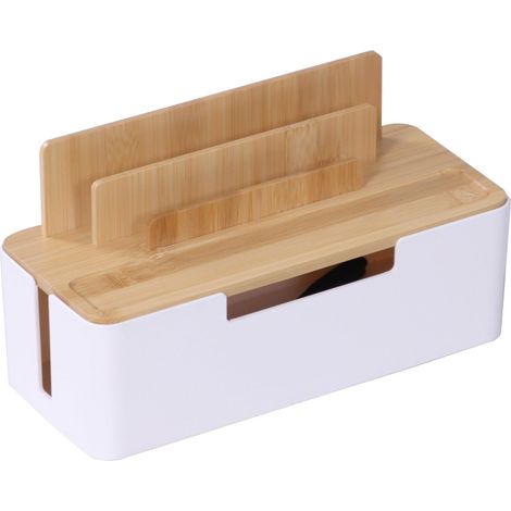 Boîte à câbles en bambou, support smartphone/tablette, 16×30×13 cm, multiprise 6, ventilation, naturel/blanc (1/5)