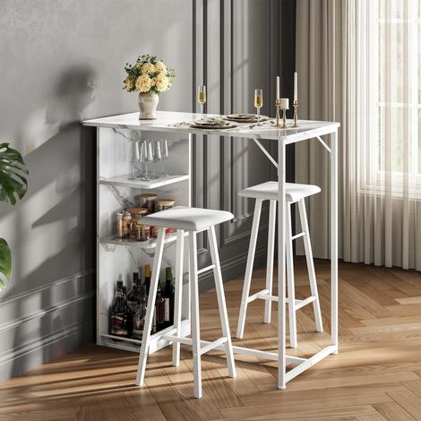 Bartisch Set mit 2 Barhockern, Marmor Weiß, Industrie-Design, mit Weinglashalter (1/5)