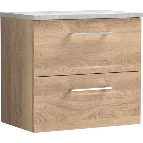 Balterley Bramshall 600mm Wall Hung 2 Drawer Vanity Unit with Laminate Worktop for Stylish Compact Bathroom Storage - Bleached Oak