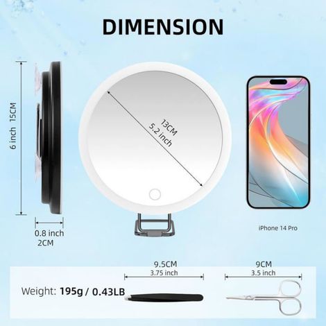 Miroir grossissant - Noir - 30X - 3 modes d'éclairage - Ventouses - Support 360° (1/5)