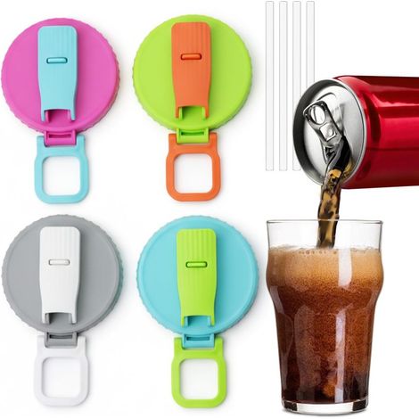 Juego de 4 tapas de silicona reutilizables y a prueba de fugas para latas de refresco, con pajitas, libres de BPA, para latas estándar de 5,4 cm (2,13 pulgadas) de refrescos, cerveza y bebidas energét