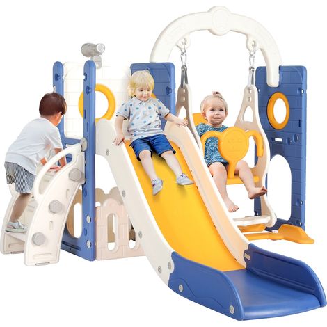 Toboggan pour enfants avec balançoire, 5-en-1, structure d'escalade, Bleu et Jaune (1/2)