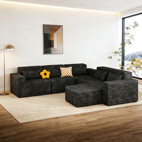 Modular Sofa 258cm Boneless Cloud Couch L Shaped Couch Corner Sofa Memory Foam Corduroy Wide Armrest Deep Seat Pillow Bottom Anti-Slip Living Room Bedroom No Assembly Required Grey 5 Seater&Ottoman