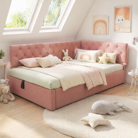 Lit coffre 90x200 velours rose avec rangement HAVRYA (1/5)