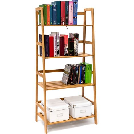 Relaxdays Bamboo Bookshelf Bookcase With 4 Shelves 120 x 57 x 31 cm Wooden Shelving Unit For Books In Ladder-Shape Standing Shelf With Protection On 4 Levels, For CDs DVDs Books, Natural (1/5)