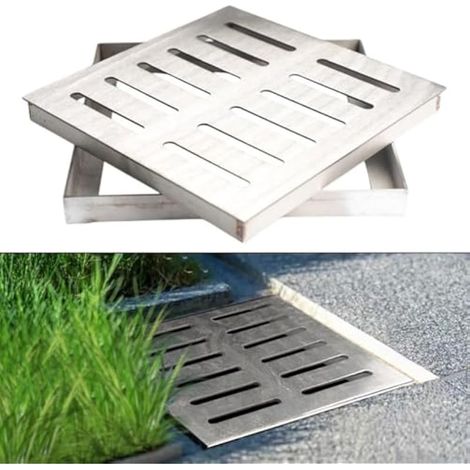 Siphon de sol en acier inoxydable avec cadre, siphon d'égout en acier inoxydable, grille d'évacuation des eaux pluviales, siphon de sol carré avec cadre (200x200x20x2mm) (1/3)