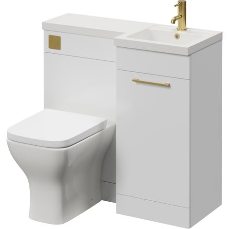 Napoli 390 Gloss White 900mm Single Door Vanity Unit Toilet Suite with Right Hand Square Lucia Basin - 900mm - Brushed Brass 160mm HandleWith Kingston Toilet Pan and Seat