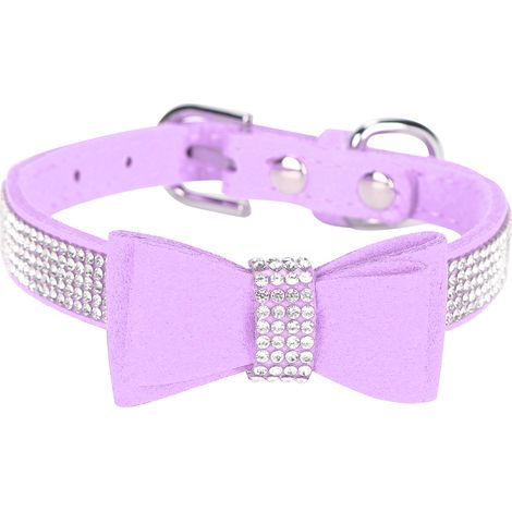 1 collier pour chat, violet clair, 42 x 2,0 cm, suédine microfibre, double nœud papillon, strass, taille M (1/5)