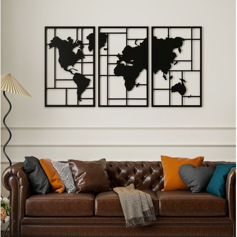 Decorazione da parete in metallo mappa del mondo, set da 3 pezzi, nero HAVRYA (1/5)