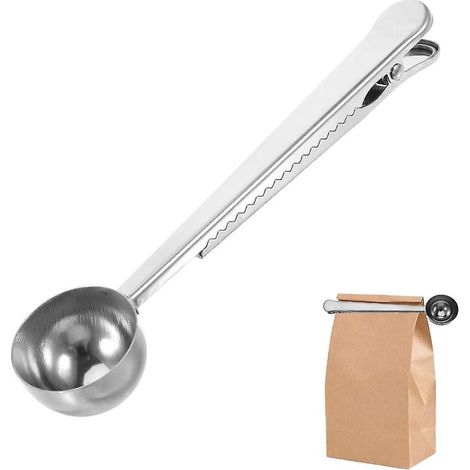 Kaffeebeutelclip, Messlöffel aus Edelstahl mit Beutelclip, 2-in-1-Zubehör für Kaffeepulverbeutel.