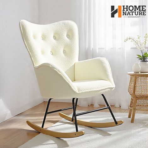 Fauteuil à bascule – Dossier haut – Assise confortable – Tissu bouclette – Structure bois et métal – Support 150 kg – Blanc – Home Nature Wohnkonzept (1/5)