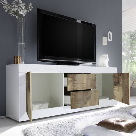Mueble para TV Sinello, un estante, modular, 2 cajones, 210x43x65h cm blanco brillante (1/4)
