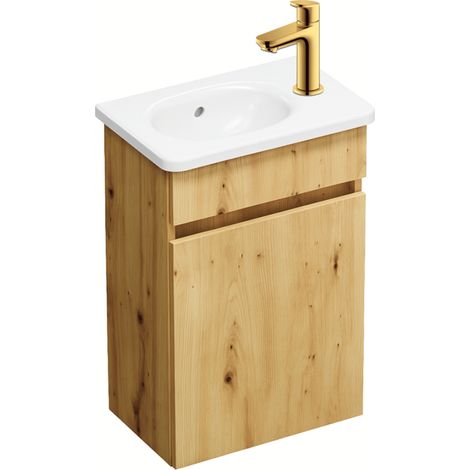 Pack lavabo suspendido BURGBAD Joline roble + grifo lavamanos de agua fría Duravit Wave Oro pulido