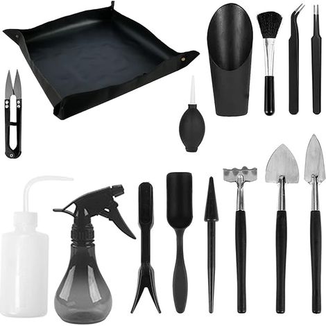Succulent Plant Tool Kit, 14 Mini Hand Garden Tools + 1 Potting Mat, Rake for Indoor Plants, Gardening Hand Tools, Black (1/5)
