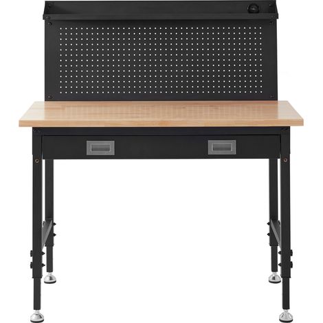 Mophorn Werkbank mit verstellbarer Höhe, 28-39,5 Zoll, Garagen-Werkbank mit Eichenbrett und Karbonstahl, 2000 Pfund Tragkraft, 48 x 24 Zoll Werkbankplatte, 3 m Kabel, 30 Haken