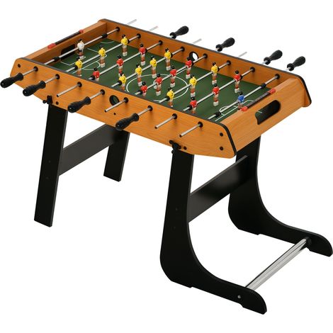 Mesa de futbolín plegable, dimensiones 98 cm de largo x 42 cm de ancho x 62 cm de alto, 2 pelotas incluidas, MDF con efecto madera y color negro.