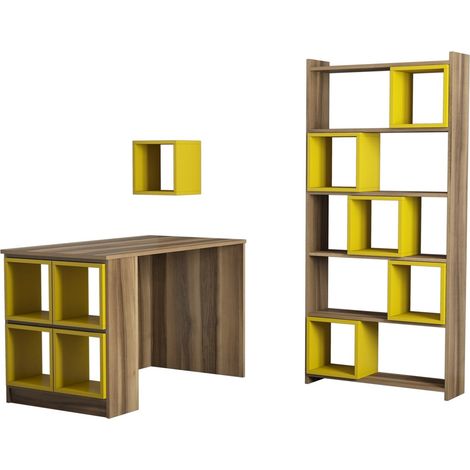 Ensemble bureau étagère et bibliothèque bois noyer et jaune Burano (1/5)