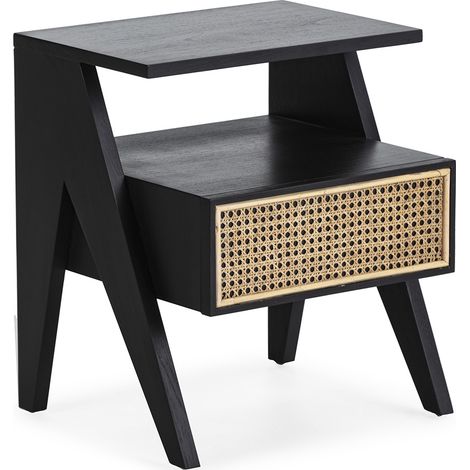 Mesita De Noche 45X38X49 Madera Negro/Ratan Natural (1/3)
