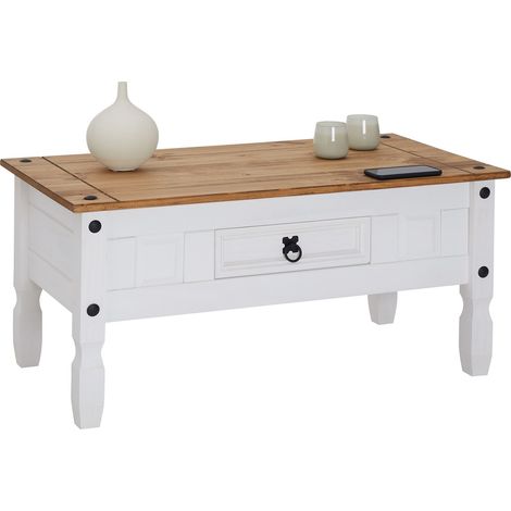 Table basse anguleuse en pin massif lasuré blanc – Plateau rectangulaire teinté naturel – 1 tiroir de rangement – Dimensions 45x95x50cm – Caro-Möbel