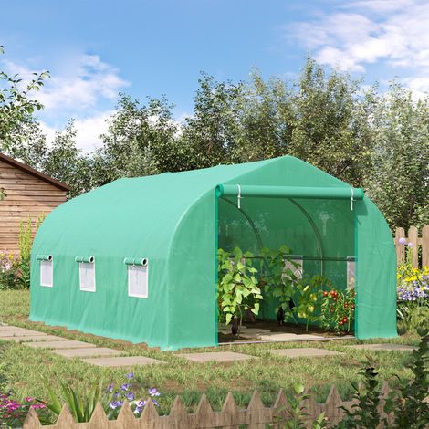 Serre bâche 4,5 x 3 x 2 m porte enroulable à zip, 6 fenêtres grillagées et tiges de renfort (1/5)