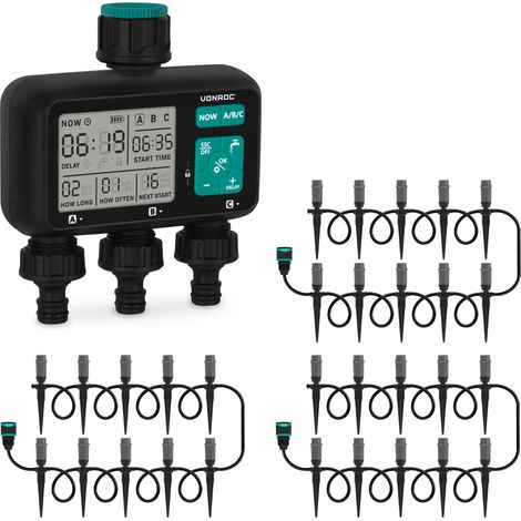 VONROC Programmateur arrosage 3 voies avec 3 kits irrigation 45 m goutte à goutte automatique WT504DC (1/5)
