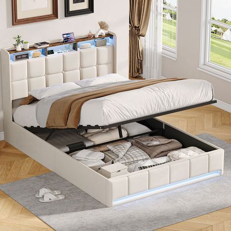 Bett 160x200 cm mit Lattenrost, Doppelbett 160x200 cm, Bettgestell, LED und Stauraum, für 2 Personen, Beige Leinen