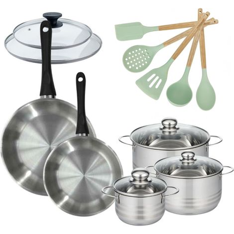 Lot de Poêles 24/28 cm avec couvercles et 3 faitouts 16/20/24 cm Fackelmann Généva avec 5 ustensiles Océan (1/5)