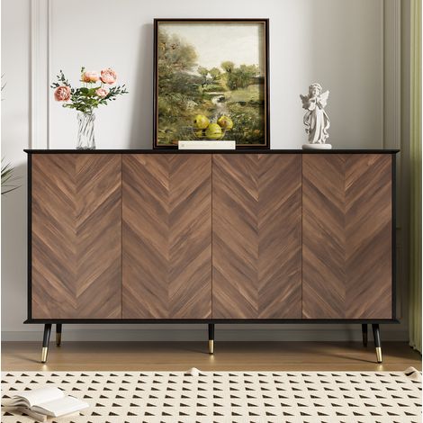 Sideboard mit 4 Türen, Metallfüßen, Fischgrätmuster, verstellbaren Einlegeböden, aus MDF (1/5)