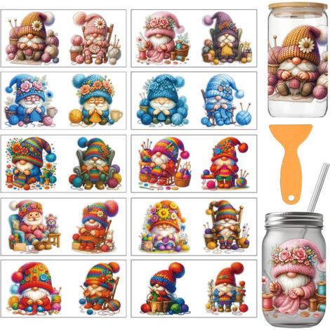 10 Pcs tricoté Gnomes PVC Cup Transfer Stickers, aiguilles colorées et fil Gnomes motif UV imperméable coupe autocollant pour 16 oz lunettes fenêtre maison impression décoration 24x11cm (1/5)