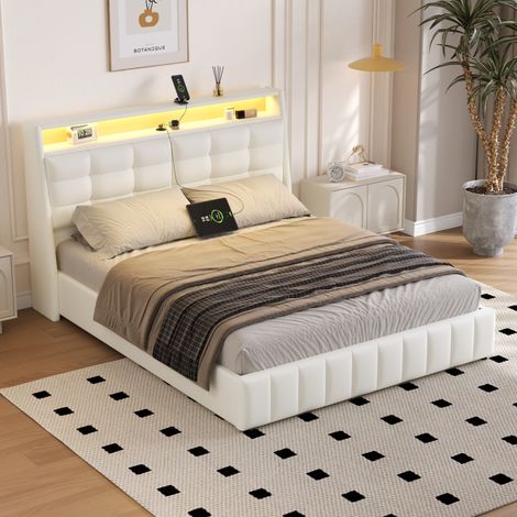 Cama matrimoniales 160x200cm con LED USB cabecero ajustable MDF contrachapado tapizado PU color Blanco (Sin colchón) (1/5)