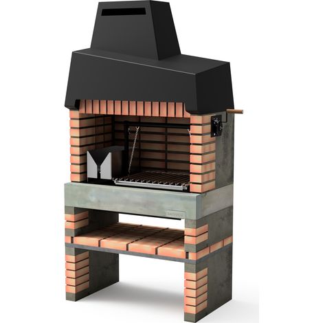 MOVELAR - Barbecue préfabriqué à bois et charbon en béton réfractaire modèle California Plus XL (Gris, Orange - 110 x 64 x 225 cm) REF: M00062 - Cuisine extérieure avec grille inox (1/5)