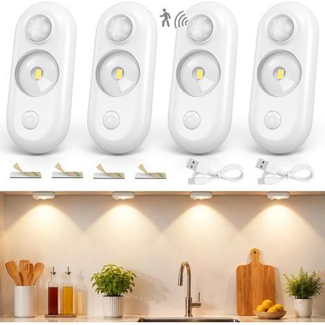Lampe de Placard LED 4 Pièces, Détecteur de Mouvement, Rechargeable USB-C, Sans Fil Magnétique Dimmable, Lampe Sous Meuble à Coller pour Cuisine, Armoire, Dressing, Escalier, Lumière Blanc Chaud (1/5)