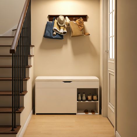Mobile Scarpiera con 1 Coperchio Ribaltabile, Ripiano Girevole e Cuscino Seduta per Ingresso, in MDF, 100×30×52 cm, Bianco (1/5)