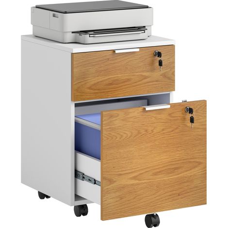 Mueble de almacenamiento con cerradura de 2 cajones con efecto madera para debajo del escritorio, 60x42x40 cm, con ruedas, capacidad de carga de 30 kg, para documentos, material de oficina, uso domést