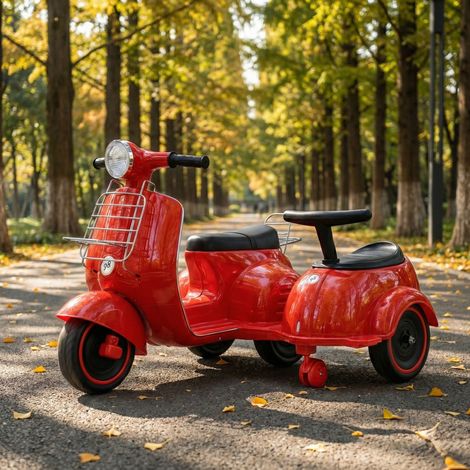 Moto Électrique Enfant Vespa Scooter avec Sidecar HOMEMiYN – 2 Places, dès 3 Ans, Rouge