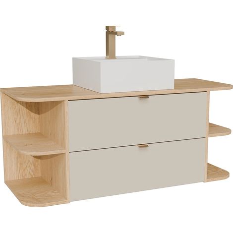 Meuble de salle de bain suspendu avec niches, vasque à poser carrée et robinet - Beige et naturel clair - 120 cm - LAVENA (1/5)