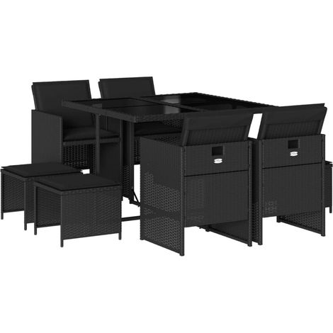 vidaXL Set da Pranzo da Giardino 9 pz con Cuscini Nero in Polyrattan