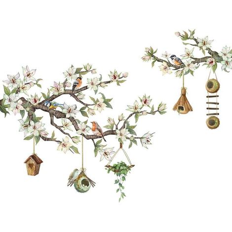 Stickers muraux Oiseau sur branche d'arbre Fleur Décoration d'intérieur Salon Chambre Multicolore Art Ornement Fenêtre Mur (1/4)